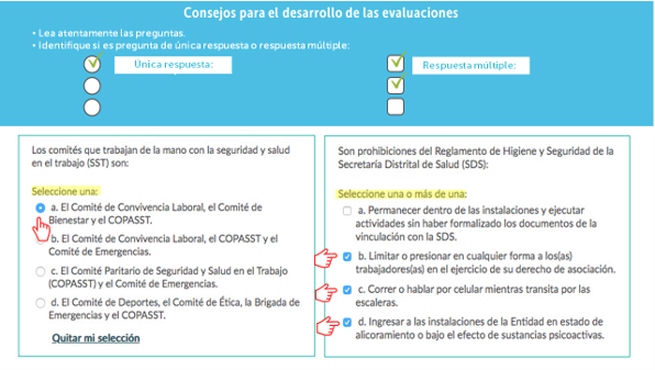 Si la pregunta tiene múltiples respuestas, dice «Seleccione una o más de una». Si la pregunta solo tiene una respuesta, dice «seleccione una».